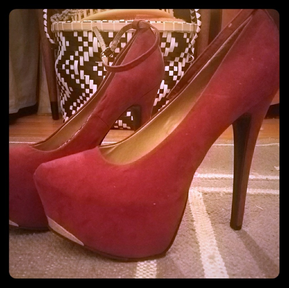 Maroon, gold faux suede platform stiletto heels